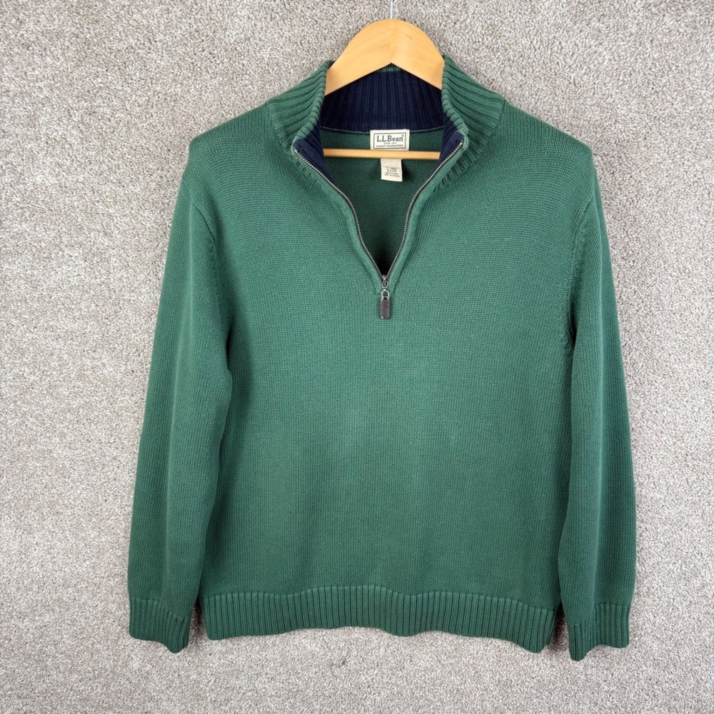 LL Bean Mens Large Green 100% Cotton Quarter Zip Pullover Sweater Regular - Picture 2 of 6